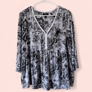 Women’s Large Simply Vera Wang Black & White Monochrome Peasant Blouse NWOT